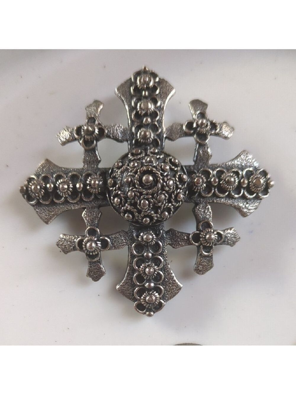 Jerusalem Cross Brooch Pin/Pendant Silver Tone Floral Ornate Vintage - Picture 4 of 7